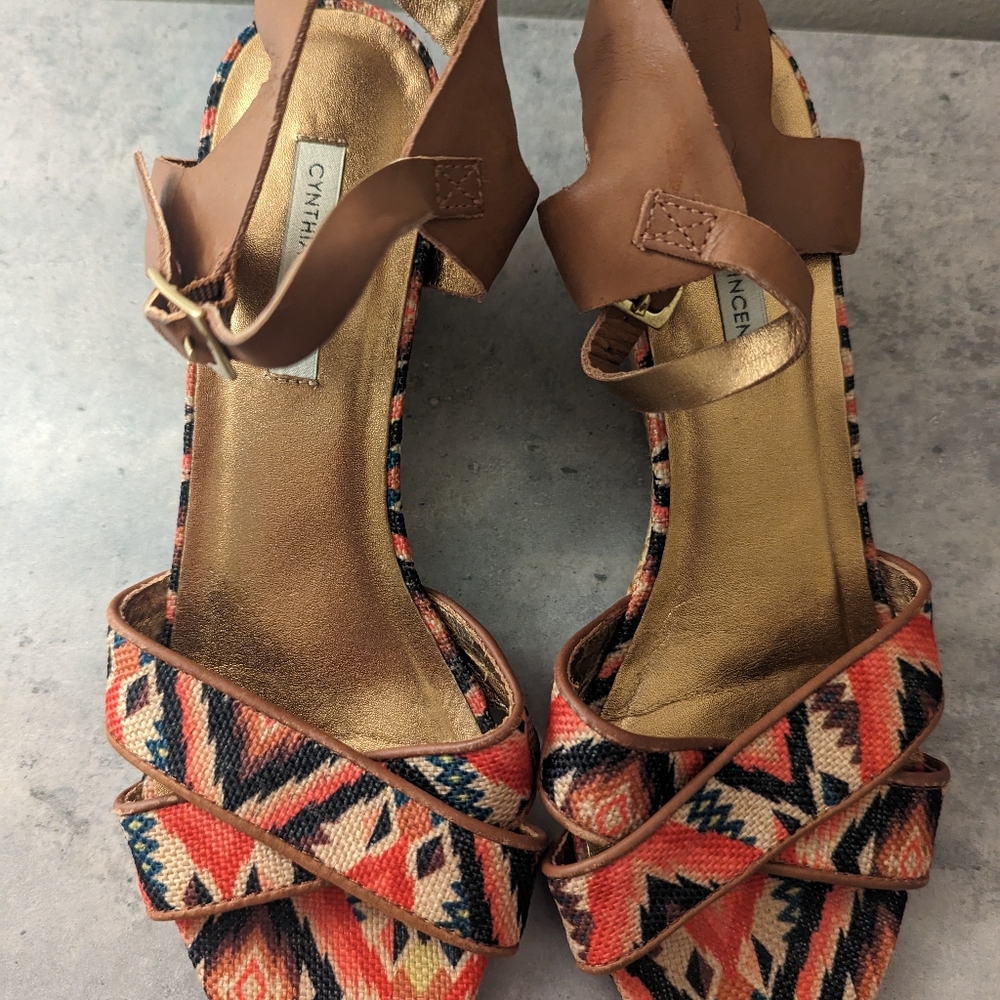 Cynthia Vincent Aztec Print Wedge Sandals